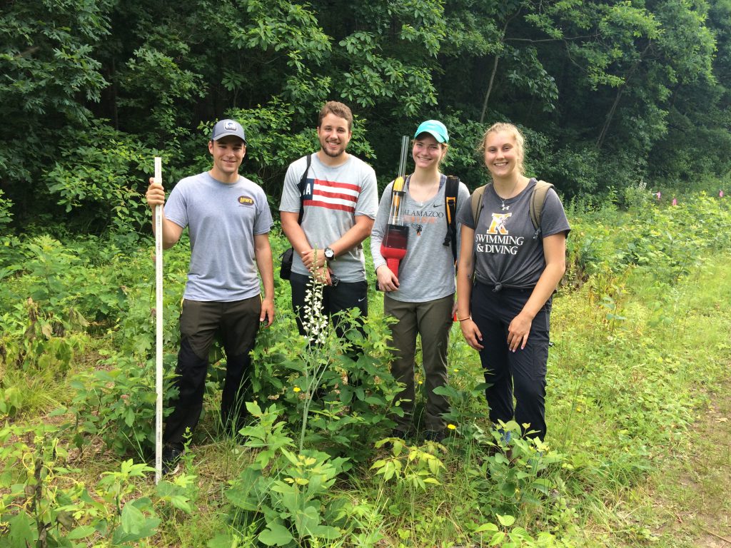 Four people standing near plants in a field.