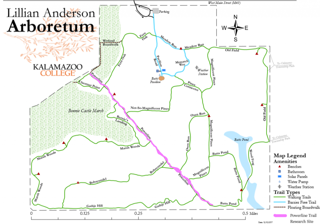 A map of the arboretum with the powerline trail highlighted.