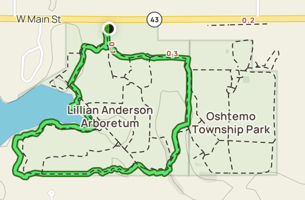Screenshot from AllTrails app showing trail map connecting Lillian Anderson Arboretum and Oshtemo Township Park trails.